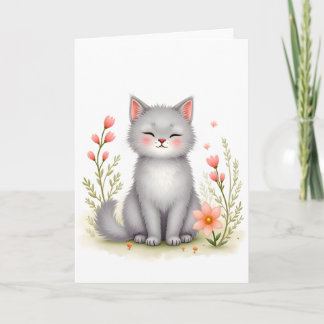 Aquarell-Kätzchen Hübsche Katze mit Blumen Blank Karte