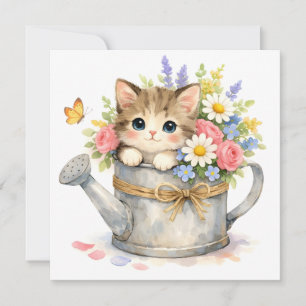Aquarell-Kätzchen in einer Gießkanne mit Blumen Karte