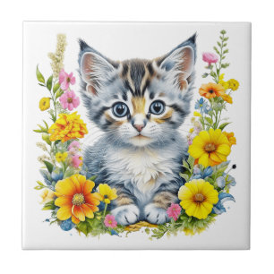Aquarell-Kätzchen in gelben und rosa Blumen  Fliese