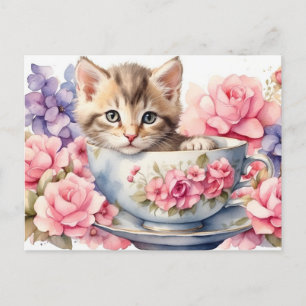 Aquarell-Kätzchen in Teetasse mit Blumen  Postkarte
