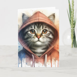 Aquarell-Katze in buntem Hoodie, Splash-Art leer Karte
