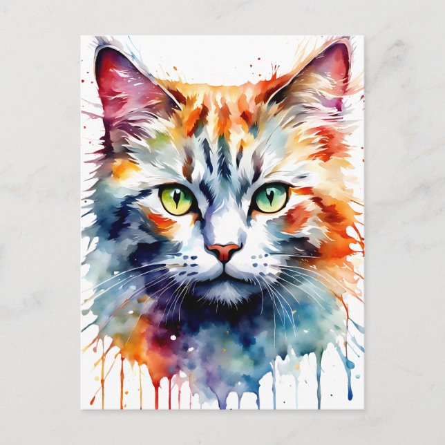 Aquarell-Katze Multicolor-Splash-Kunst Postkarte (Vorderseite)