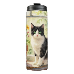 Aquarell-Katze und Blumen auf dem Fensterbrett Thermosbecher