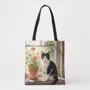 Aquarell-Katze und Blumen auf der Fensterbank Tasche