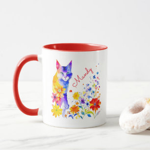 Aquarell-Katze und Blumen personalisiert Tasse