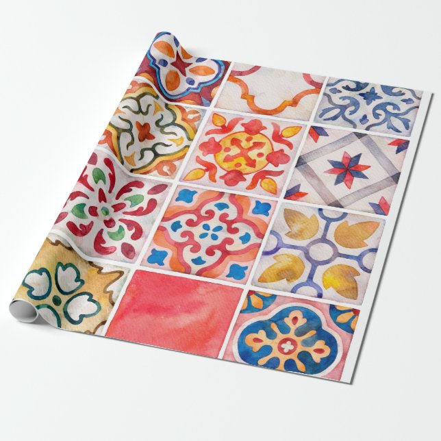 Aquarell Keramik Fliesen Sammlung. Quadratischer V Geschenkpapier (Ungerollt)