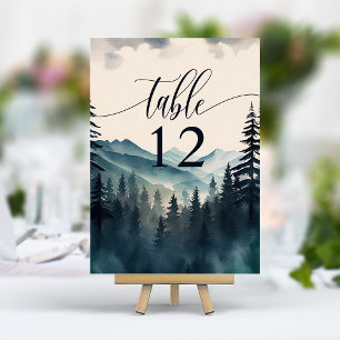 Aquarell-Kiefer-Berg-Hochzeit Tischnummer