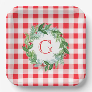 Aquarell-Kiefern-Kranz MONOGRAMM Rot Kariert  Pappteller