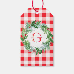 Aquarell-Kiefern-Kranz MONOGRAMM Rotkariert Geschenkanhänger