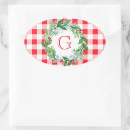 Aquarell-Kiefern-Kranz MONOGRAMM Rotkariert Ovaler Aufkleber