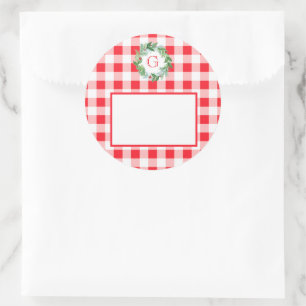 Aquarell-Kiefern-Kranz MONOGRAMM Rotkariert  Runder Aufkleber