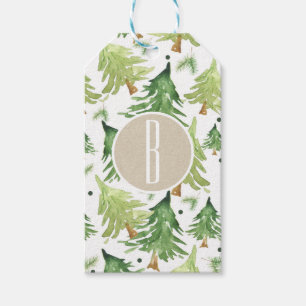 Aquarell-Kiefern Modern-Rustikales Monogramm Kraft Geschenkanhänger