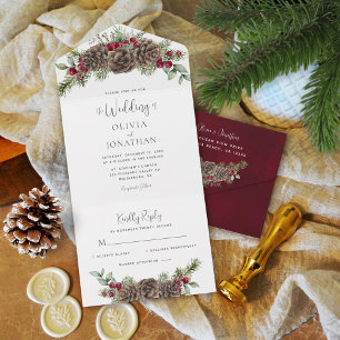 Aquarell-Kieferngrün-Schriftzug Weihnachtshochzeit All In One Einladung