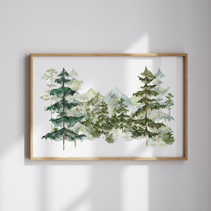 Aquarell-Kiefernwald und Berg-Ästhetik Poster