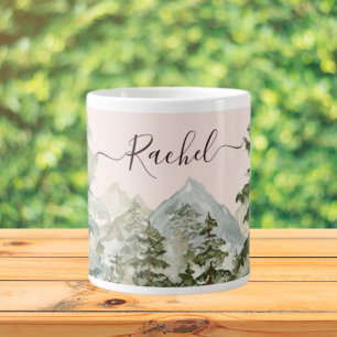 Aquarell-Kiefernwald und rustikale Berge Jumbo-Tasse