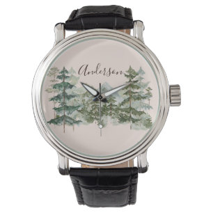 Aquarell-Kieferwald und rustikale Berge Armbanduhr