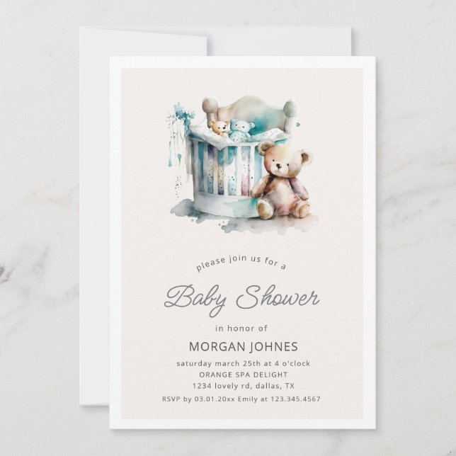 Aquarell Kinderzimmer Teddybär Babydusche Einladung (Vorderseite)