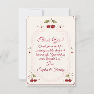 Aquarell-Kirsch-Baby-Shower-Rosa-Gingham Dankeskarte