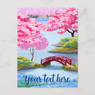 Aquarell-Kirschblüten-Frühlings-Japanischer-Garten Postkarte