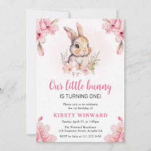 Aquarell-Kirschblüten-Hase 1. Geburtstag Einladung