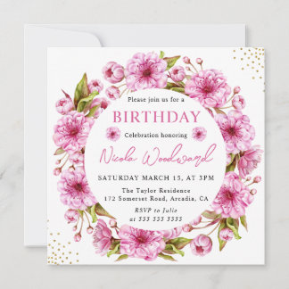 Aquarell-Kirschblüten-Kranz Geburtstag Einladung