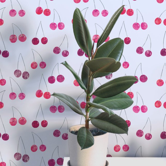 Aquarell-Kirschmuster Tapete (Sweet watercolor cherry pattern art wallpaper In blue)