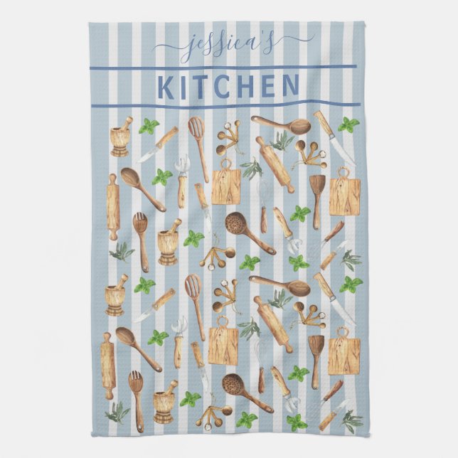 Aquarell Kitchen Monogram Utensils Modern Blue Geschirrtuch (Vertikal)
