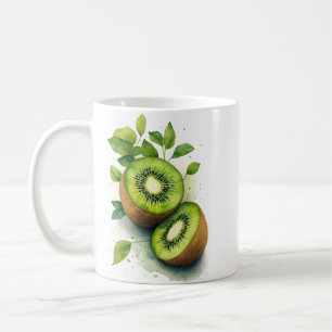 Aquarell-Kiwi-Frucht und grüne Blätter Küche Kaffeetasse