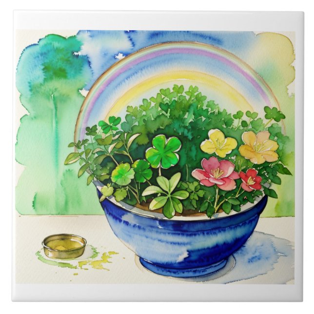 Aquarell-Kleeblatt und Regenbogenfolie - irisch Fliese (Vorderseite)
