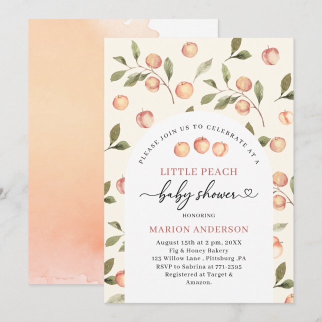 Aquarell Kleine Peach Baby Dusche InvInvitation Einladung (Vorne/Hinten)