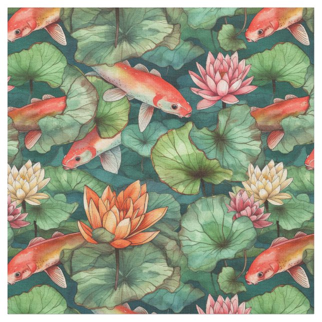 Aquarell Koi & Water Lilies Fabric Stoff (Nahaufnahme)