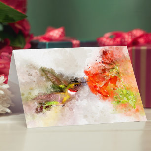 Aquarell Kolibri beim Fressen an einer lebendigen  Dankeskarte