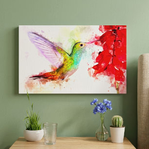 Aquarell Kolibri beim Fressen an roter Blume Leinwanddruck