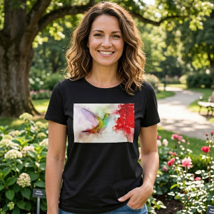 Aquarell Kolibri beim Fressen an roter Blume T-Shirt
