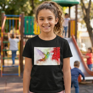 Aquarell Kolibri beim Fressen an roter Blume T-Shirt