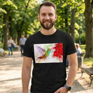 Aquarell Kolibri beim Fressen an roter Blume T-Shirt