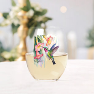 Aquarell Kolibri mit Blumenmotiven Weinglas Ohne Stiel