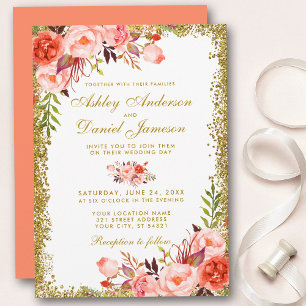 Aquarell-Korallen-Blumen-Hochzeit Gold-Glitter Einladung