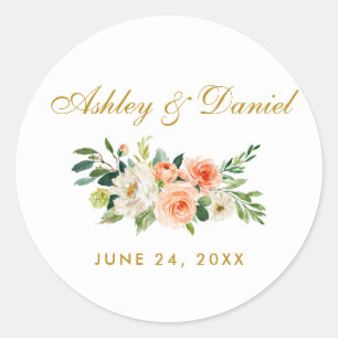 Aquarell Korallen Gold Blumenhochzeit Runder Aufkleber