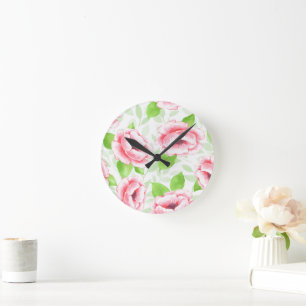 Aquarell Korallenrose - Romantische Blumen Runde Wanduhr