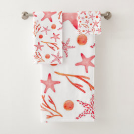 Aquarell-korallenrotes Meer-Geschöpf-nahtloses Badhandtuch Set