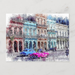 Aquarell Kuba Havanna Oldtimer Stadt Postkarte