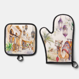 Aquarell-Küchenkunst im marokkanischen Stil Ofenhandschuh & Topflappen-Set