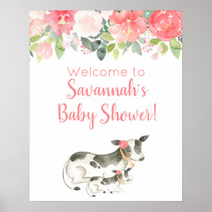 Aquarell-Kuh-Zeichen für Baby-Party mit Blumenmoti Poster