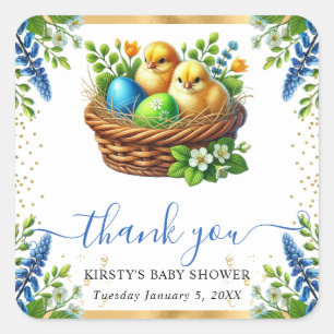 Aquarell-Küken Frühlingsblumen Babyparty Quadratischer Aufkleber