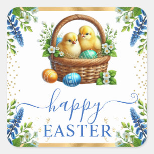 Aquarell-Küken Frühlingsblumen Frohe Ostern Quadratischer Aufkleber