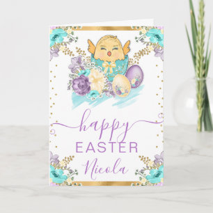 Aquarell Küken und Blumen Frohe Ostern Karte