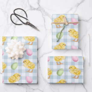 Aquarell-Küken und Eier auf blauem Gingham-Muster Geschenkpapier Set
