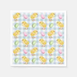 Aquarell-Küken und Eier auf blauem Gingham-Muster Serviette