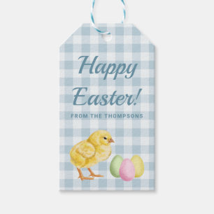 Aquarell-Küken und Eier auf blauem Happy Easter Geschenkanhänger